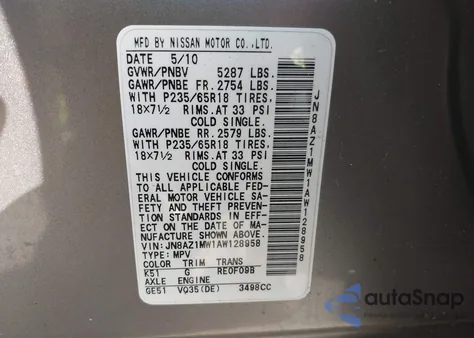2010 Nissan Murano Sl from USA, damaged, VIN JN8AZ1MW1AW128958